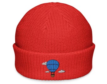 Blue Hot Air Balloon Embroidered Fisherman beanie