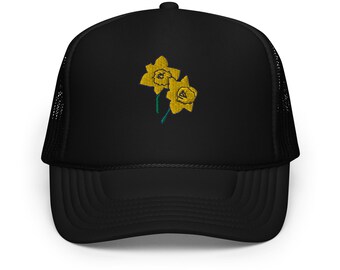 Daffodils Embroidered Trucker Hat - Boho Foam Cap for Spring and Summer - Custom Floral Headwear - Unique Gift for Nature Lovers