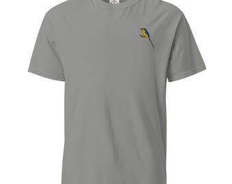 Paradise Kingfisher Tee Embroidered Bird T-Shirt Unisex Heavyweight Garment-Dyed Casual Tee Summer Gift