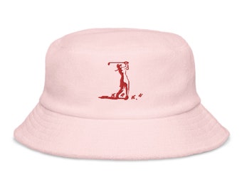 Lady Golfer Embroidered Bucket Hat - Unisex Adult Terry Cloth - Stylish Golf themed Hat
