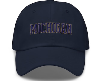 Michigan Embroidered Dad Hat, Navy & Gold Varsity Letters, State Pride Cap