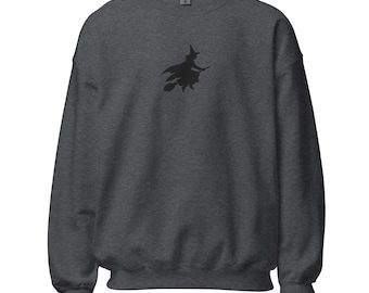 Witch Riding Broom Silhouette Embroidered Sweatshirt – Vintage Halloween Crewneck, Spooky Fall Aesthetic, Cozy Gothic Gift Sweatshirt