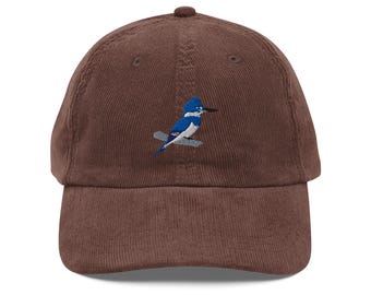 Belted Kingfisher Cap: Vintage Embroidered Corduroy Bird Hat, Gift for Nature Lovers & Birdwatchers