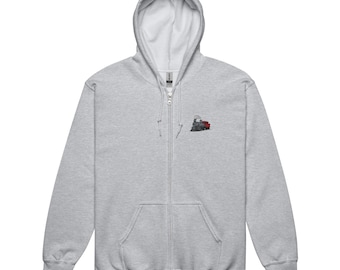 Embroidered Train Steam Engine Zip Hoodie, Locomotive Railroad Zip Up Hooded Sweatshirt