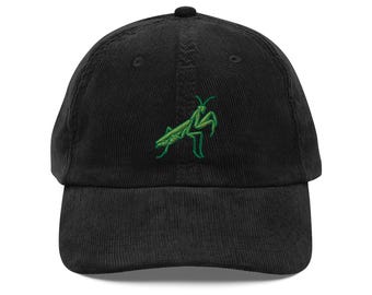 Embroidered Praying Mantis Corduroy Hat – Cool Insect Dad Hat – Nature-Inspired Gift – Mantis Aesthetic Vintage corduroy cap