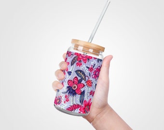 1700s French Floral Pattern Soda Can Glass with Lid and Straw