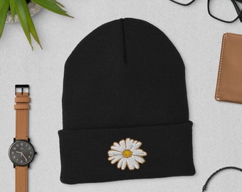White Daisy Embroidered Cuffed Beanie | Cute Winter Hat, Floral Knit Cap, Warm & Stylish