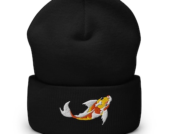 Ornamental Gold Fish Embroidered Cuffed Beanie | Stylish Winter Hat | Unique Gift for Fish Lovers & Nature Enthusiasts