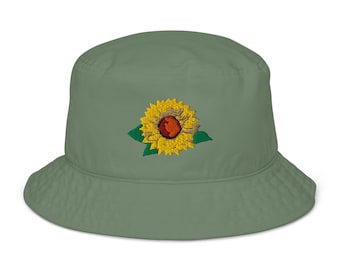 Organic Sunflower Bucket Hat Embroidered Floral Sun Hat and Summer Garden Gift Adjustable Eco-Friendly