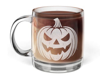 Engraved Halloween Jack O Lantern Glass Coffee Mug, 12.25oz (Engraving)