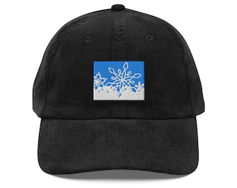 Snowflakes Embroidered Vintage Corduroy Cap, Winter Hat, Cozy Corduroy Hat, Unique Winter Fashion, Warm Embroidered Cap