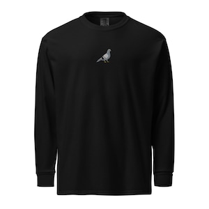 Pigeon Embroidered Heavyweight Long Sleeve Shirt, Garment-Dyed Casual Bird Tee, Cozy Embroidered Top