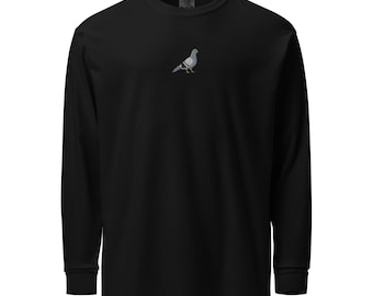 Pigeon Embroidered Heavyweight Long Sleeve Shirt, Garment-Dyed Casual Bird Tee, Cozy Embroidered Top