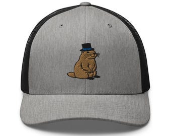 Groundhog Wearing a Top Hat Trucker Cap | Embroidered Fashion Headwear for Animal Lovers