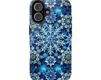 Tough Phone Case with Blue Snowflakes for iPhone 7-16 & Samsung S21-S24 | Durable Winter Design