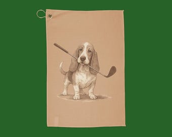 Basset Hound Golf Towel, Funny Dog Golf Gift for Him or Her, Cute Golf Bag Towel with Dog Holding Club, Golfer Dog Lover Gift