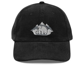 Mountains with Polar Bear and Ball Embroidered Vintage corduroy cap