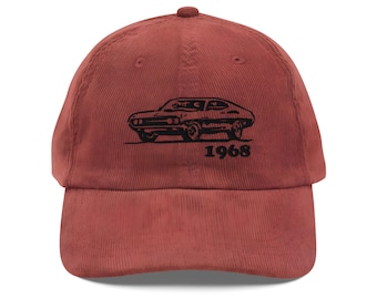 Classic 1968 American Muscle Car Cap, Vintage Corduroy Hat for Car Lovers & Retro Fans, Stylish Embroidered Headwear