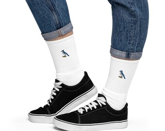 Embroidered Blue Jay Bird Socks | Unique Animal Design | Cozy Cotton Crew Socks for Nature Lovers & Gift Ideas