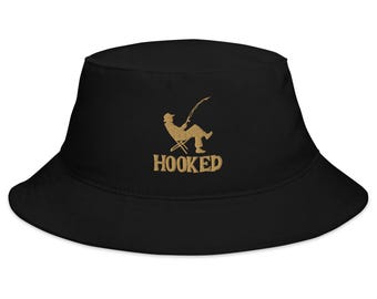 Hooked on Fishing Embroidered Bucket Hat – Funny Fishing Hat for Men – Fisherman Gift – Outdoorsy Bucket Hat