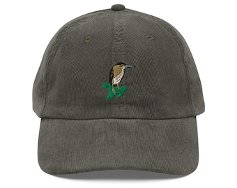 Embroidered Green Heron Bird Vintage Corduroy Cap with Tree Design – Nature Lover Hat, Outdoor Style