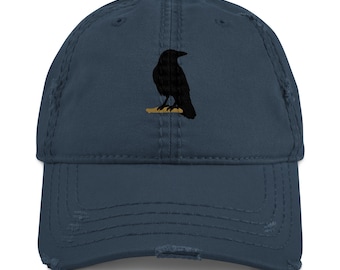 Embroidered Black Crow Hat Distressed Baseball Cap Adjustable Bird Hat for Men & Women