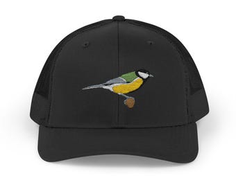 Great Tit Embroidered Bird Snapback Trucker Cap, Wildlife Animal Hat, Adjustable Mesh Baseball Cap, Bird Watching Gift,