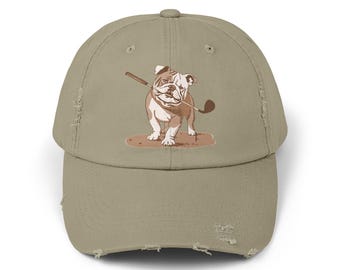 Bulldog Golfer with Putter Unisex Distressed Cap