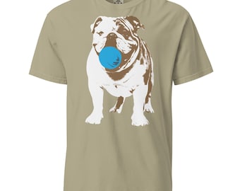 Playful Bulldog with Blue Ball T-Shirt | Unisex Garment-Dyed Heavyweight Tee