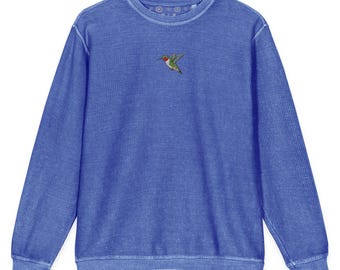 Ruby Throated Hummingbird Embroidered Comfy Cord Women's Sweatshirt with Thumb Holes