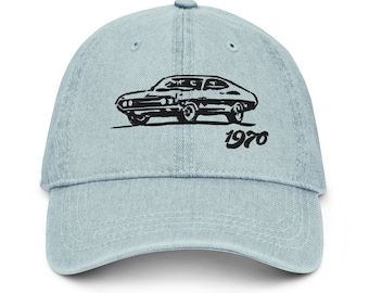 Vintage 1970s American Muscle Car Denim Hat - Classic Retro Style, Perfect Gift for Car Enthusiasts & Collectors