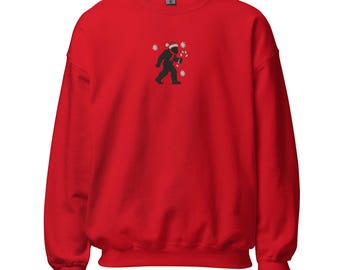 Embroidered Bigfoot with Santa Hat and Candy CaneChristmas Sweatshirt