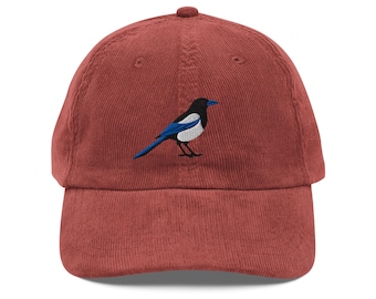 Corduroy Embroidered Black Billed Magpie Hat – Vintage Bird Dad Cap for Nature Lovers