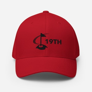 May include: Red baseball cap with a black embroidered logo of a golf flag and the text "19TH".