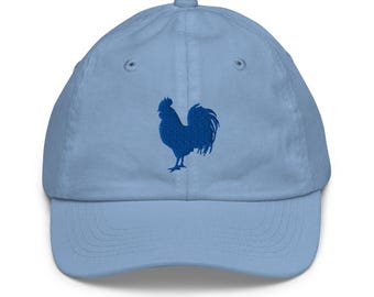Blue Embroidered Rooster Baseball Cap for Youth Ages 5 plus – Adjustable Kids Hat, Cute Farm Animal Accessory