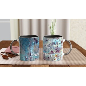 Ceramic Coffee Mug with Customizable Text, Original Abstract Art Print, and Color Inside