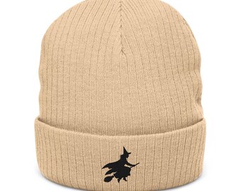 Witch Riding Broom Embroidered Ribbed Knit Beanie (Embroidery)