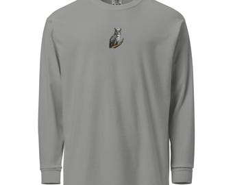 Horned Owl Embroidered Bird Garment-dyed heavyweight long-sleeve shirt