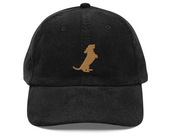 Begging Dachshund Embroidered Vintage Corduroy Cap - Cute Dog Design Hat - Retro Style Baseball Cap