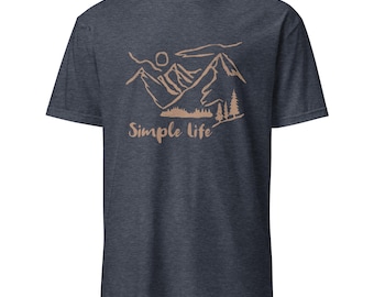 Simple Life T-Shirt – Minimalist Mountain & Forest Line Art Design, Unisex Short-Sleeve Tee for Outdoor Lovers