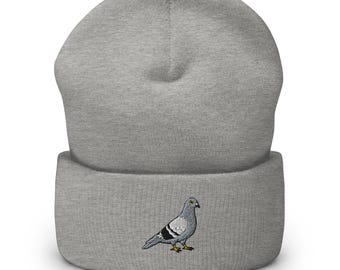 Pigeon Embroidered Cuffed Beanie Urban Style Bird Embroidery Winter Hat with Folded Edge