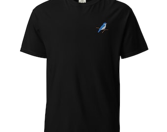 T-shirt Embroidered Blue Bird Unisex garment dyed Tee Blue Thrush
