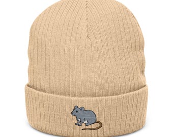 Happy Rat Embroidered Ribbed Knit Beanie