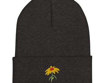 Cuffed Beanie Embroidered Yellow Wildflower