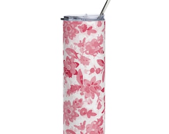 Cerise Pink Floral Wildflower Tumbler with Straw and Lid Stainless Steel Tumbler