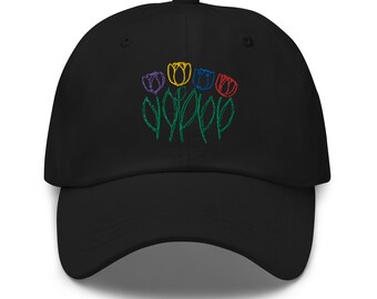 Embroidered Tulip Dad Hat - Purple, Yellow, Blue, Red Flowers - Trendy Floral Cap - Colorful Hat