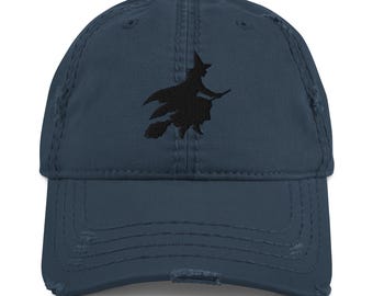 Flying Witch Silhouette Halloween Design Distressed Dad Hat