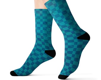 Comfortable Blue Checkered Socks | Cushioned Sublimation Socks for Adults & Unisex | Soft, Stylish Footwear