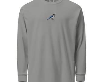 Black Billed Magpie Embroidered Bird Garment-dyed heavyweight long-sleeve shirt