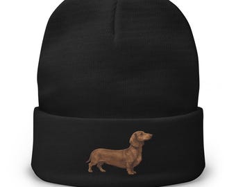 Dachshund Embroidered Beanie, Wiener Dog Knit Hat